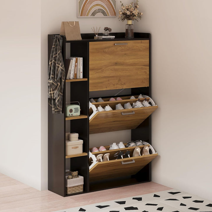 Schuhschrank mit 3 Klappen Schuhkipper Schmal Schuhschrank mit 3 Flip-Schuhregal und 4 Ablagefächer