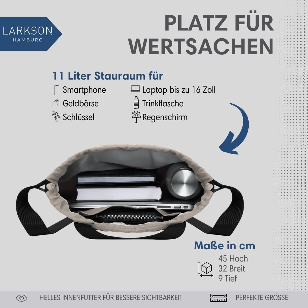 LARKSON Turnbeutel Damen &amp; Herren Grau - No 7 - Rucksack Damen für Sport und Festival - Beutel Rucks