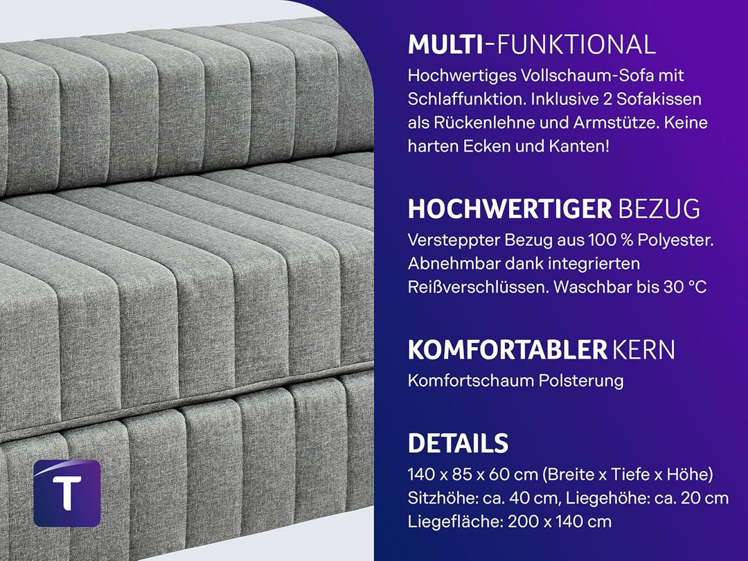 Traumnacht Doppelgästematratze / Schlafsofa, 3-Sitzer Gästesofa mit Schlaffunktion, Liegefläche ca.