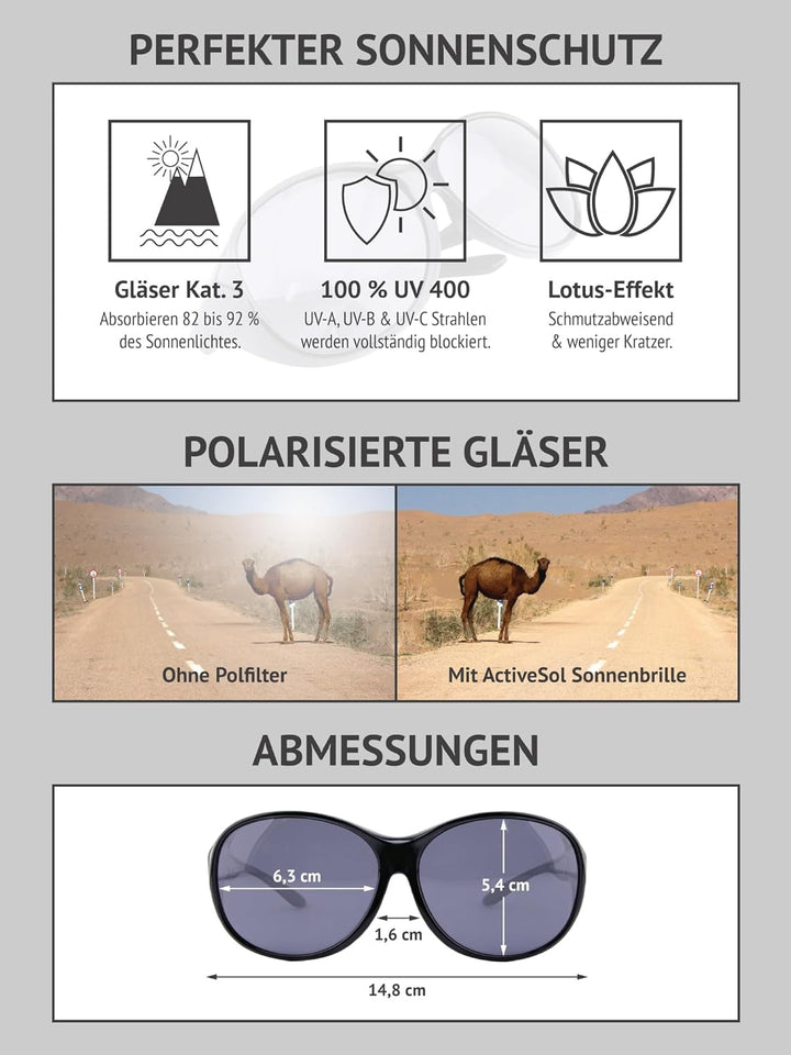 ActiveSol Überziehbrille Damen MEGA | Sonnenbrille gross | polarisiert | UV400 | Sonnenbrille über B