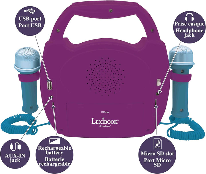 Lexibook - Disney Die Eiskönigin - Tragbarer digitaler Karaoke-Player für Kinder - Mikrofone, Lichte