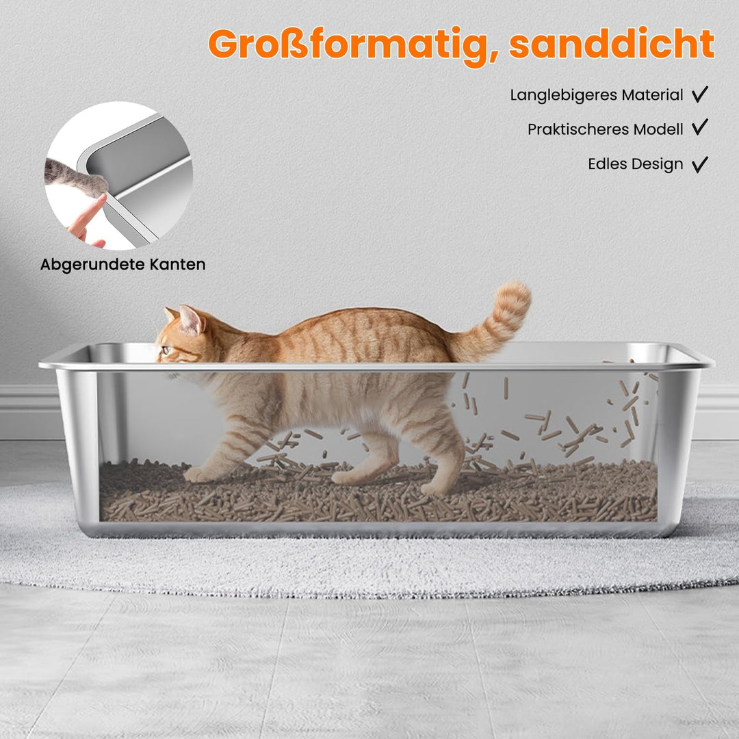 XXXL Edelstahl Katzentoilette 70x50x15,5cm – Extra Gross Katzenklo mit hohem Rand & Schaufel, rostfr