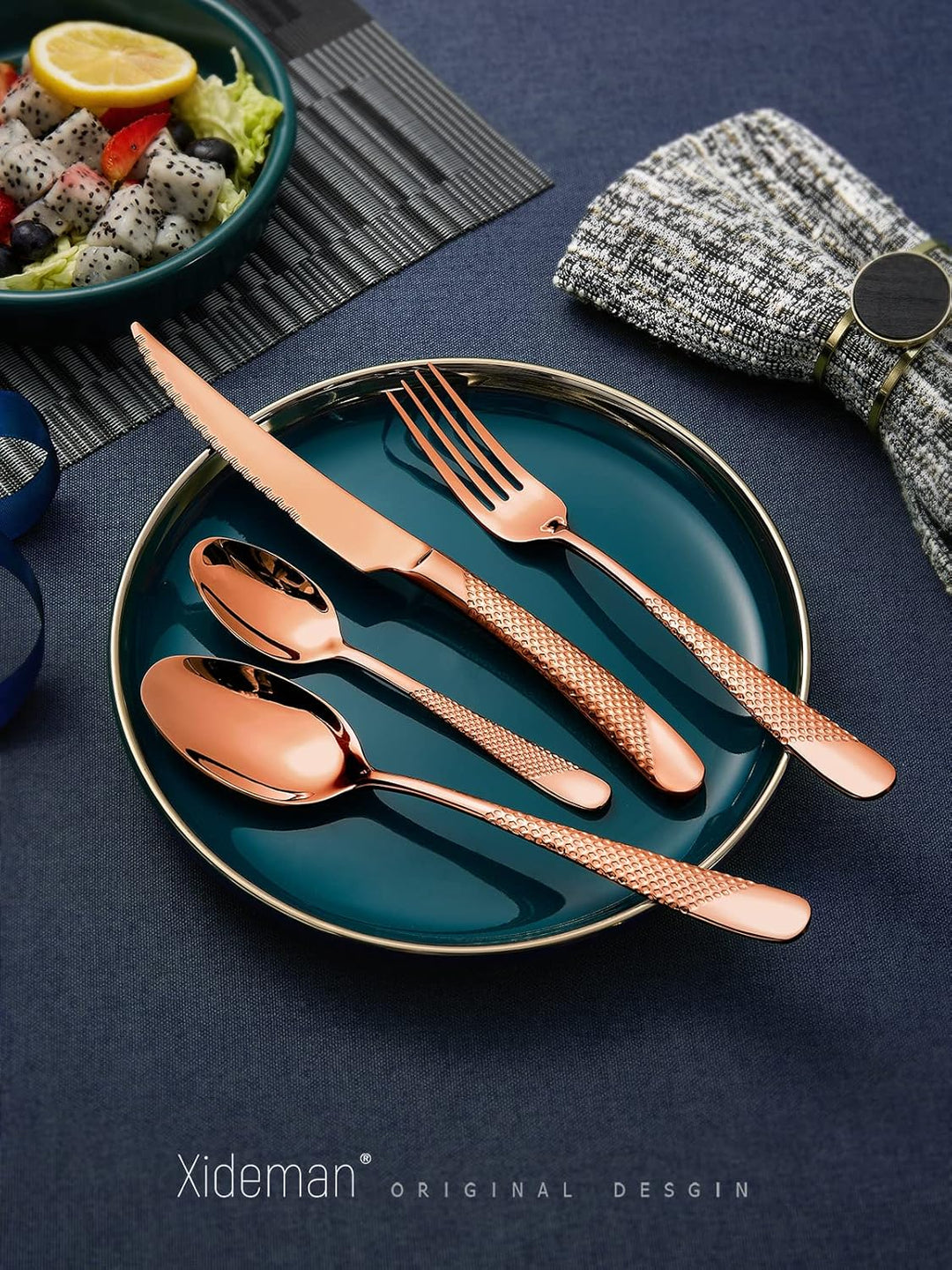 Besteck Set 6 Personen modernes gehämmertes, mit ultrascharfem 2-IN-1 gezacktem Messer, Besteckset 1