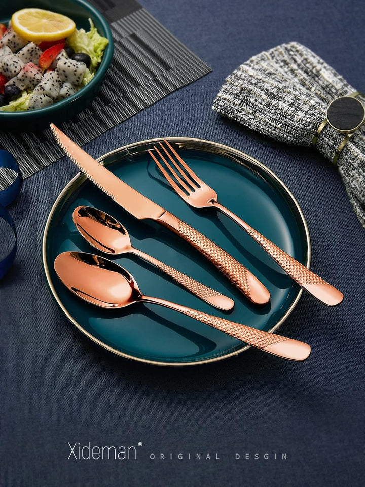 Besteck Set 6 Personen modernes gehämmertes, mit ultrascharfem 2-IN-1 gezacktem Messer, Besteckset 1