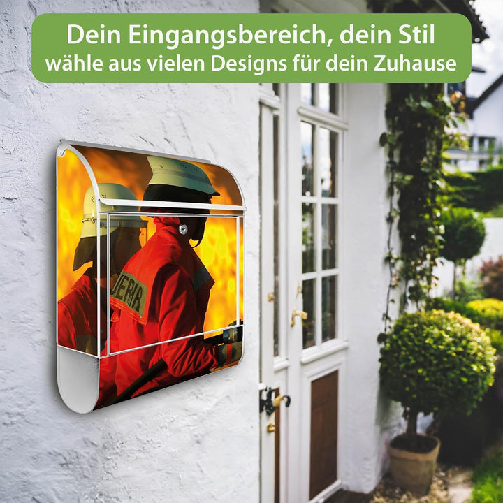 banjado® Design Briefkasten mit Motiv Feuer 39x47x14cm &amp; 2 Schlüssel - Briefkasten Stahl weiss mit Z