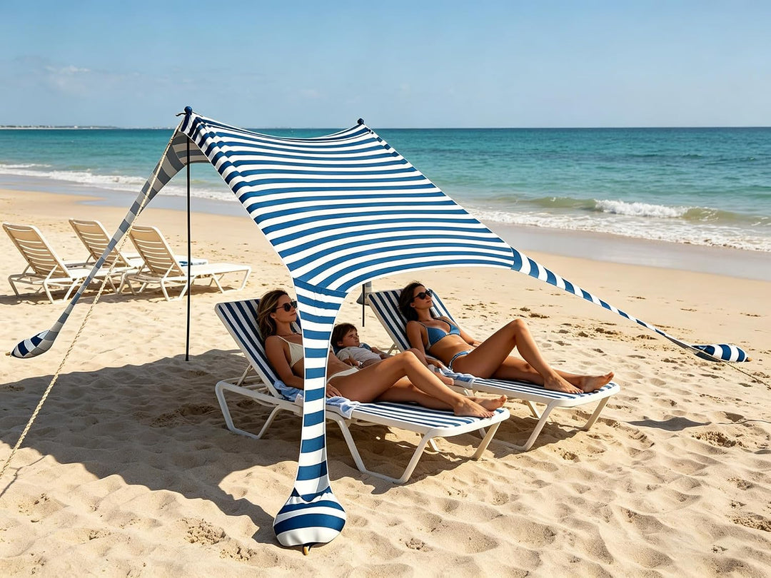 Strandzelt 2x2.1 m Pop-Up LSF 50 Sonnenschutz, Anti-Wind Strandmuschel mit Eisen Stabilitätsstangen