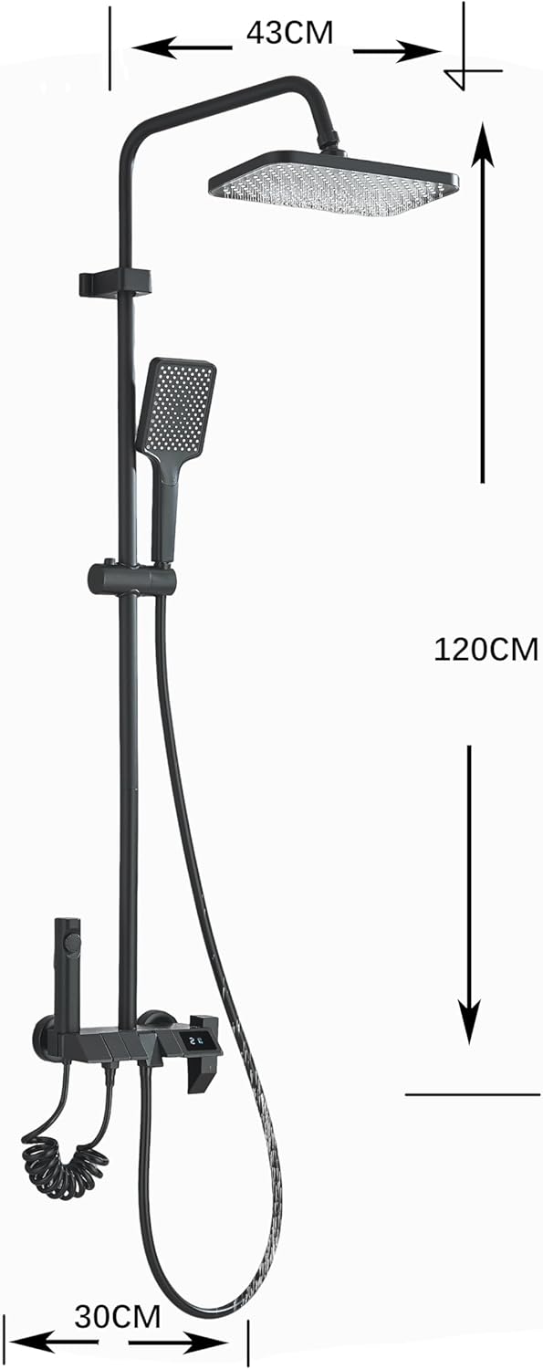 Komplettes schwarzes Duschset, bestehend aus einem Thermostat mit LED-Anzeige, einem 4-in-1-Regendus