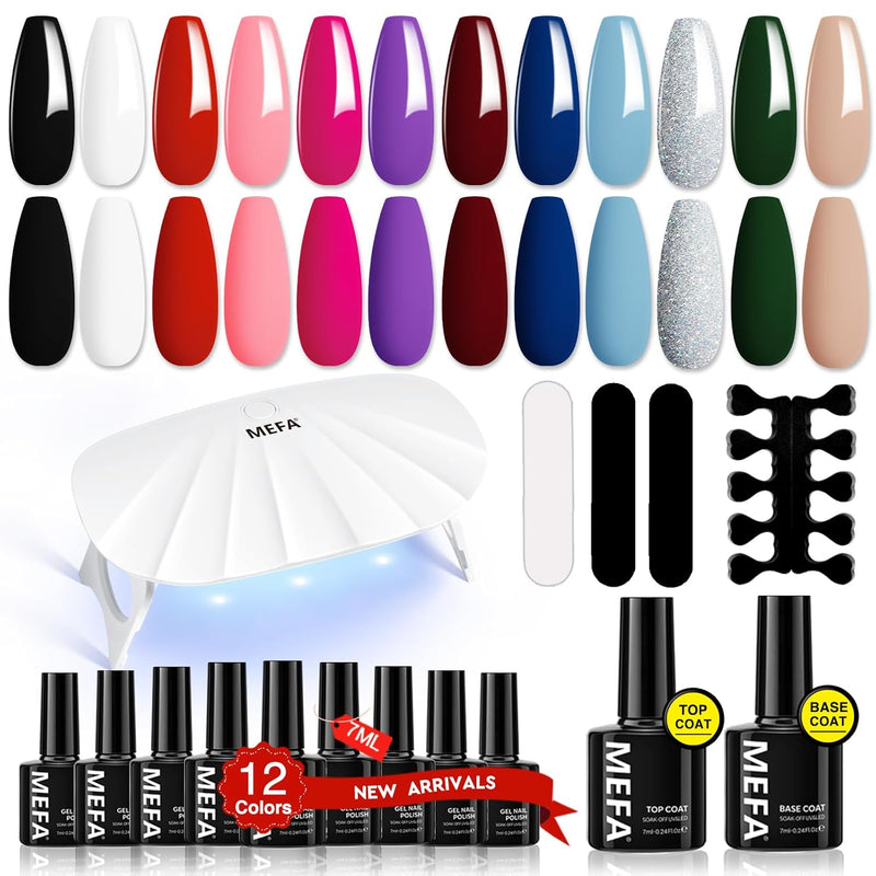 MEFA Shellac Set Starterset mit Lampe 6W,12 Farben UV Nagellack Set Gelnägel Starterset Schwarz Weis