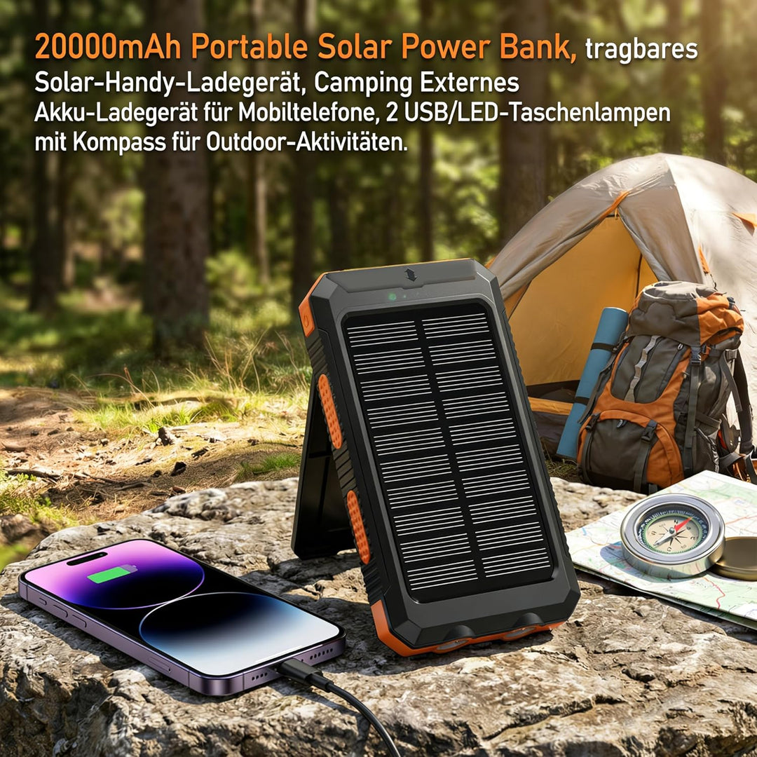 Solar Powerbank 20000mAh, Wasserdichtes USB C Externer Akku mit 2 Outputs, 2 USB-Anschlüssen, LED-Ta