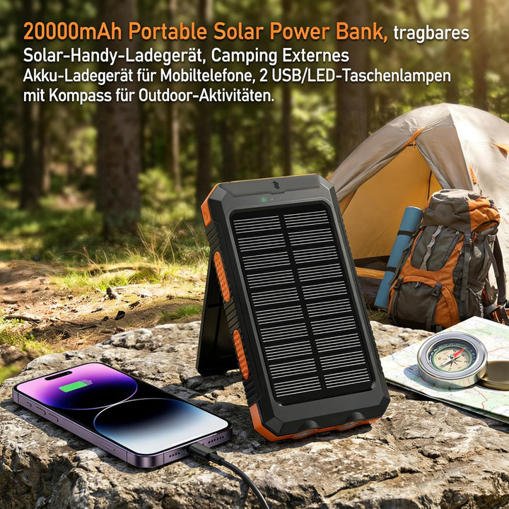 Solar Powerbank 20000mAh, Wasserdichtes USB C Externer Akku mit 2 Outputs, 2 USB-Anschlüssen, LED-Ta