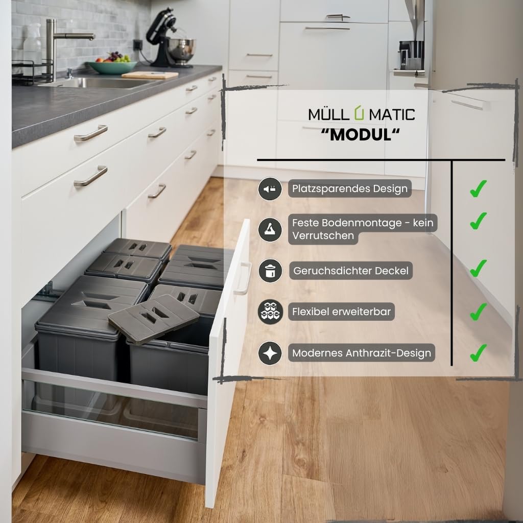 Aspira Home Müllomatic 2 x MODUL 2 MINI | Einbau Mülleimer für Schublade und Unterschrank, modulares