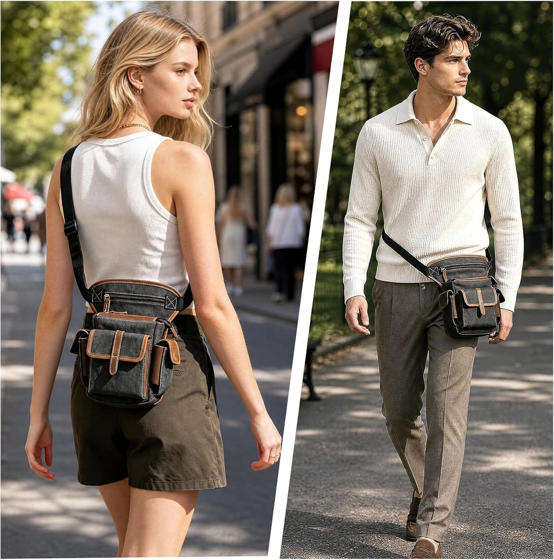 Herren Canvas + Leder Motorrad Reiten Tasche Beinbeutel Beintasche Aussenbeintasche Hüfttasche Drop
