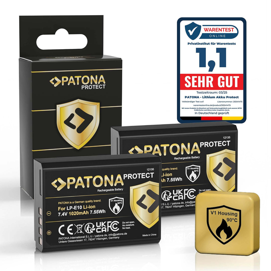 PATONA Protect V1 (2X) Ersatz für Akku Canon LP-E10 (echte 1020mAh) mit NTC-Sensor und V1 Gehäuse ko