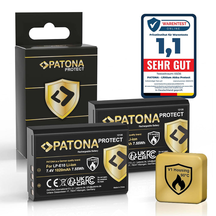 PATONA Protect V1 (2X) Ersatz für Akku Canon LP-E10 (echte 1020mAh) mit NTC-Sensor und V1 Gehäuse ko