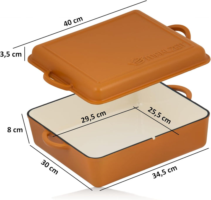 Mahlzeit Gusseisen Bräter emailliert | 10,8 Liter | Sunny Orange | Bräter 2in1 mit Bratpfanne | Brät