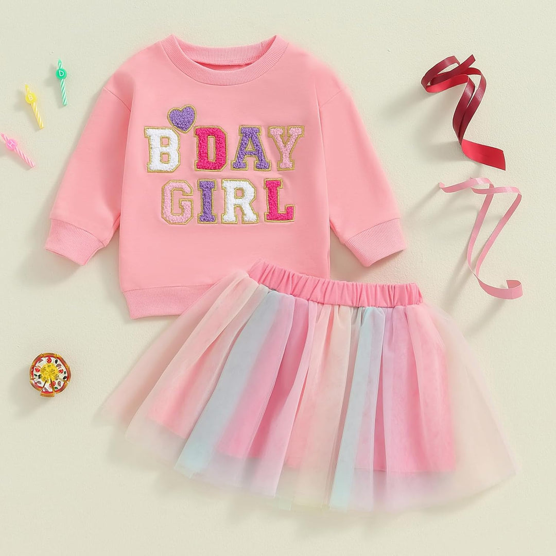 Baby Mädchen Geburtstag Outfit Prinzessein Spitzen Rock Set Langarm Buchstaben Stickerei Sweatshirt+