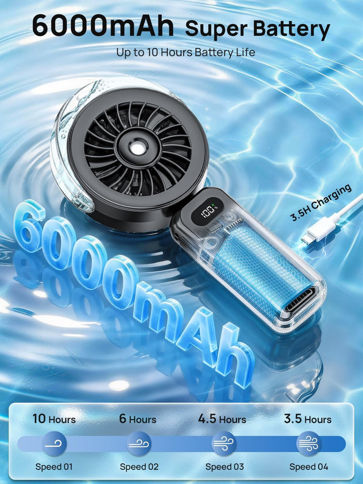 Handventilator Akku Aufladbar mit Wasserkühlung - Starkem Luftstrom Tragbarer Mini Ventilator, 6000m