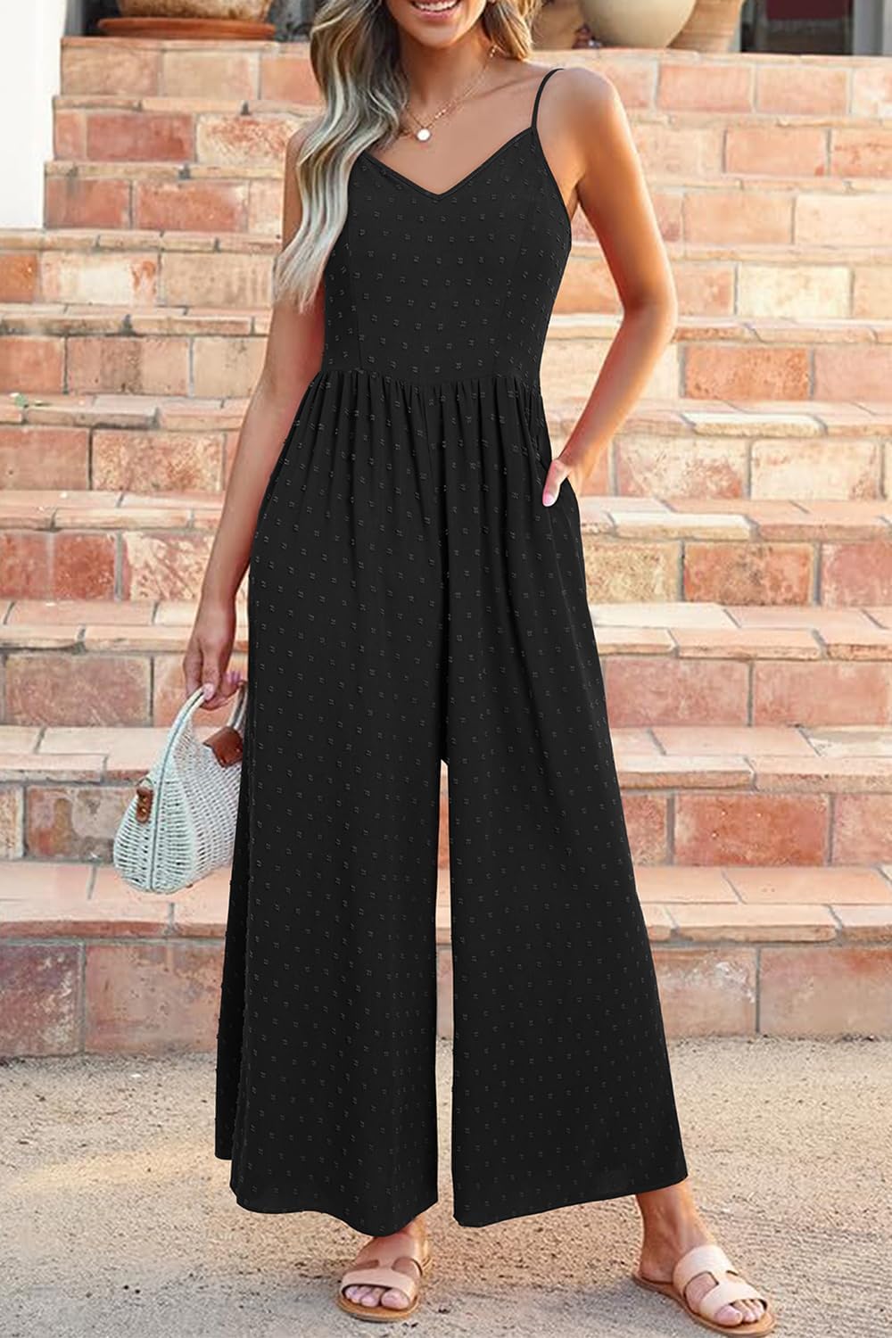 LAISHEN Jumpsuit Damen Sommer Overall Elegant Festlich Hochzeit Lang Hosenanzug Weites Bein Hose Pla