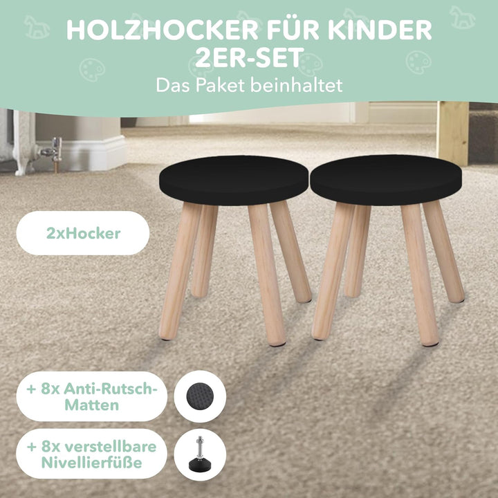Cateam Tritthocker aus Holz für Kinder und Kleinkinder – 2er-Set – Schwarz – Kinderhocker mit auszie