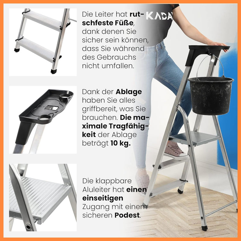 KADAX Aluminiumleiter, Stehleiter bis zu 125 kg, Stufenleiter, Trittleiter, Alu-Sicherheits-Stehleit