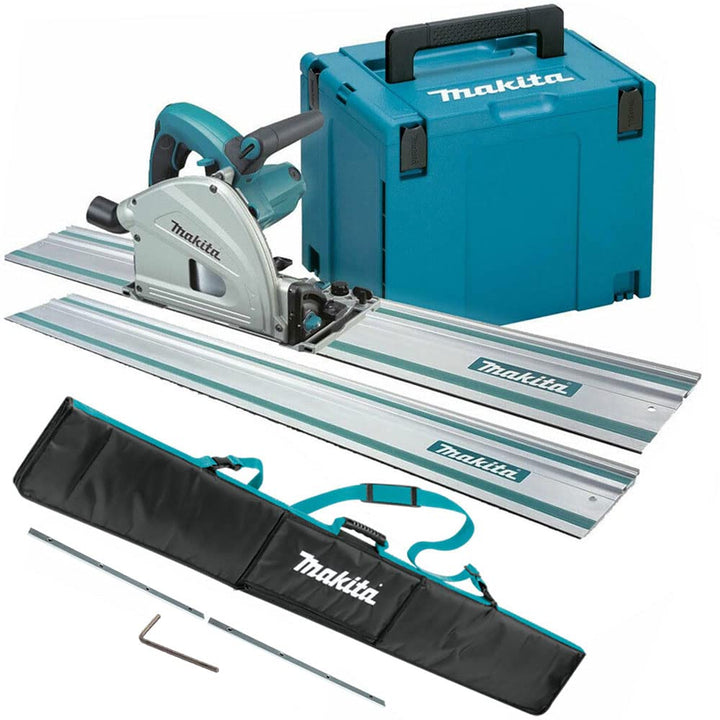 Makita SP6000J1 Tauchsäge 240 V 165 mm mit 2 x 1,5 m Schienen, Verbindungsstange &amp; Tasche – Elektris