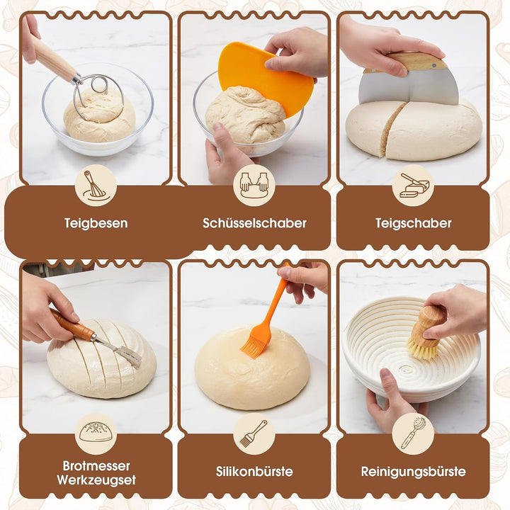 VIcus Sauerteig Starter Set, Gärkörbchen Rund &amp; Oval, Brotbackzubehör Für Sauerteigbrot, Komplettes