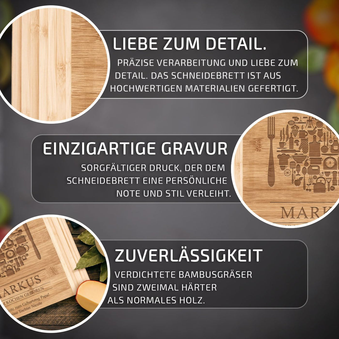 Maverton Bambus Schneidebrett mit Gravur - Servierbrett - Brotzeitbrett massiv - Grösse: 35x25 cm -