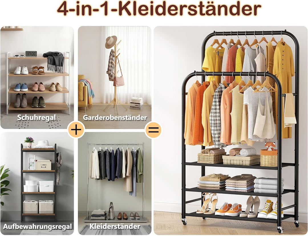 HOMIDEC Kleiderständer mit 3 Ablagen, Doppelstange Kleiderstange auf Rollen, Metallrahmen, Geeignet