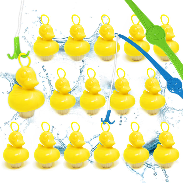 AMLI Enten Angeln | 16x gelbe Entchen mit Öse & Gewicht | Inkl. 2 Angeln | Entenangeln Spiel Wasser