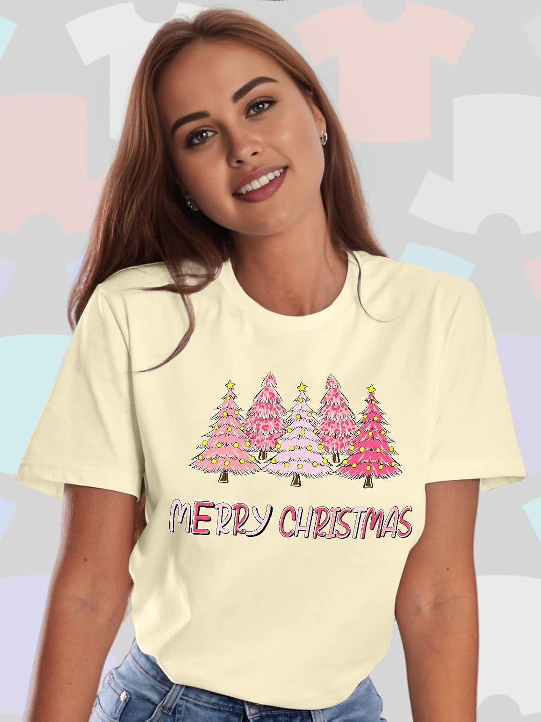 Weihnachts Tshirt Damen Merry Christmas T Shirt Xmas Tree Shirts A-cremefarben1 XL, A-cremefarben1 X