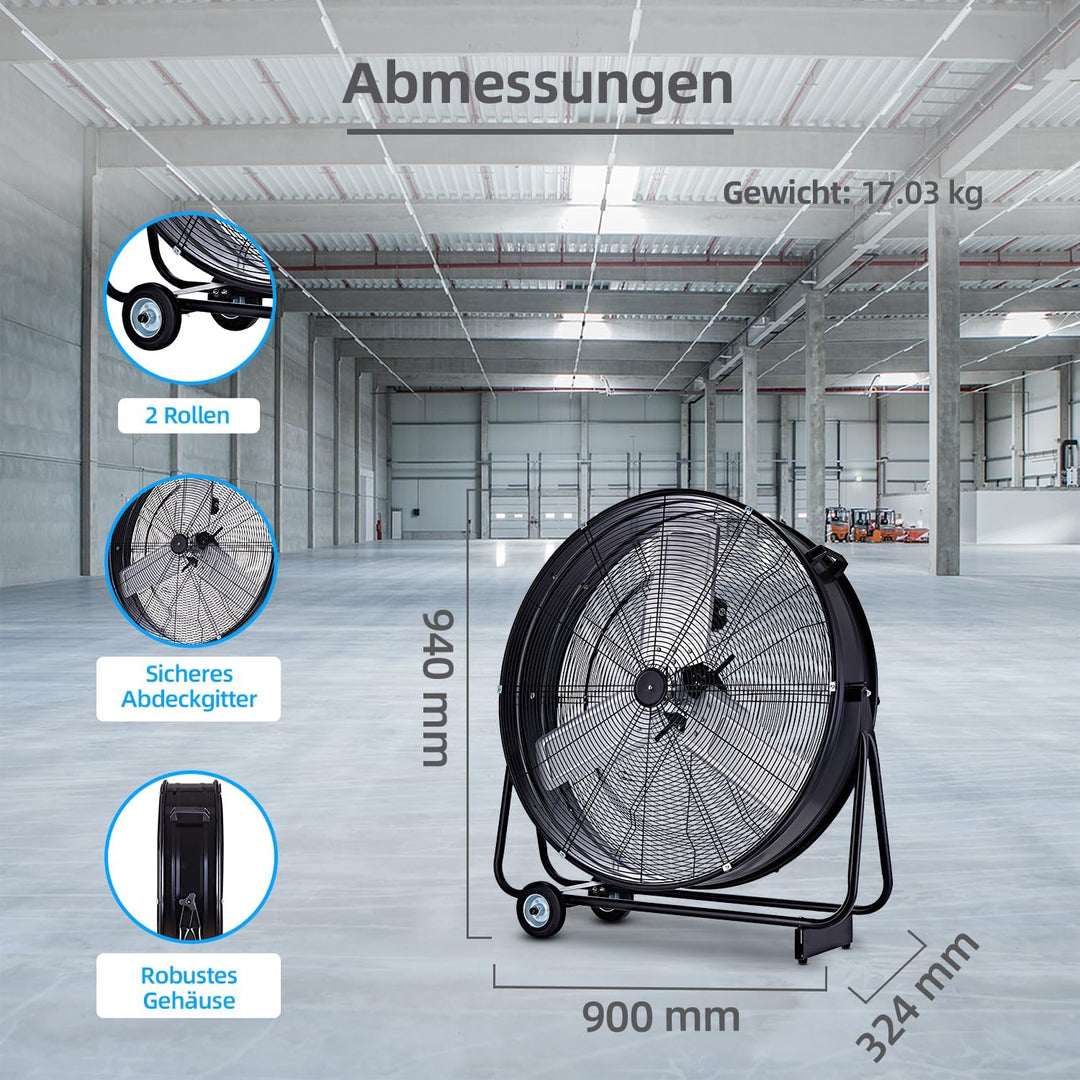Be Cool Industrie-Windmaschine 75cm BCIWM75CM – Fahrbarer Trommelventilator, Ø 75 cm (30"), 300 Watt