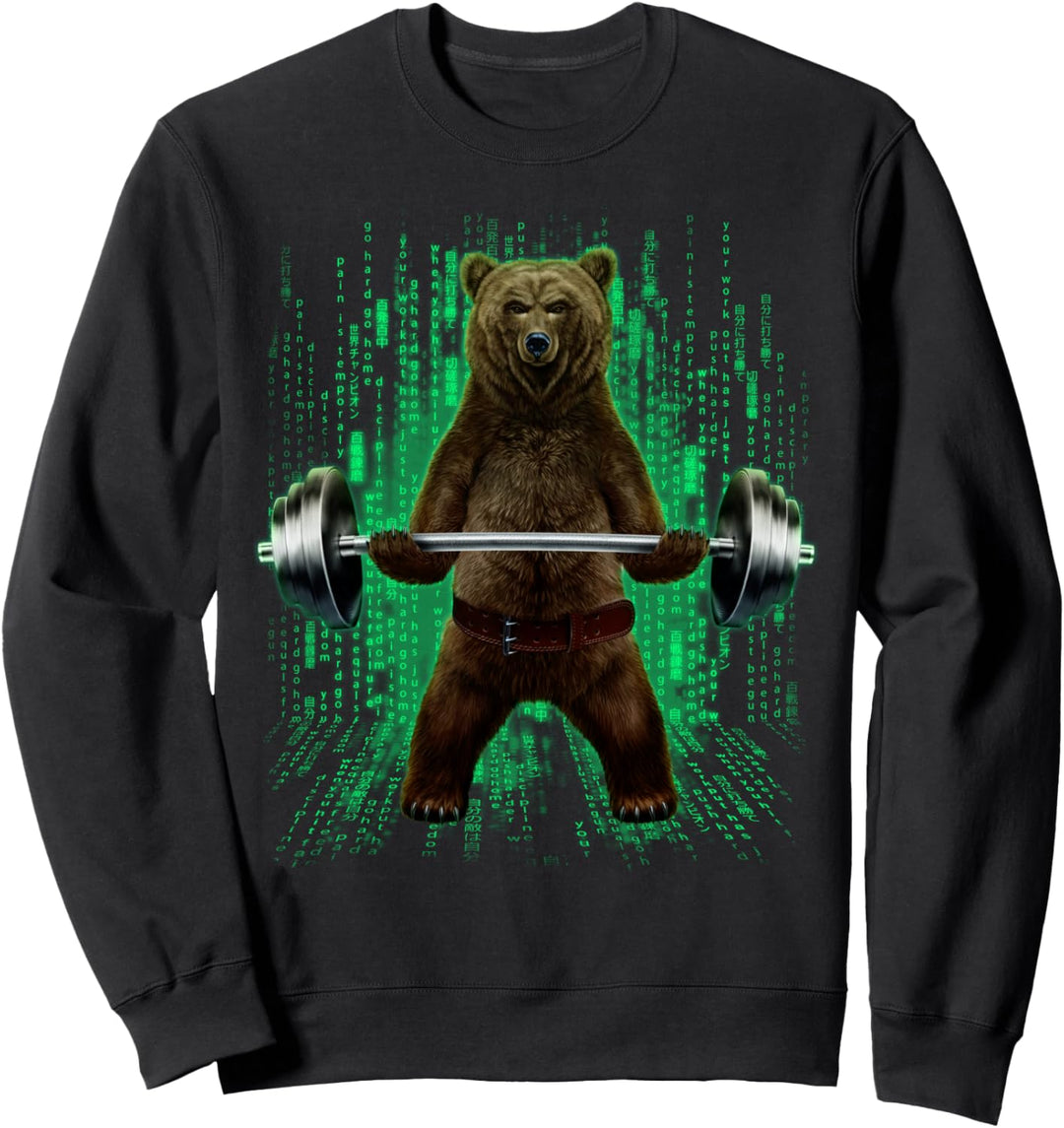 Grizzlybär, der Gewichte im Cyber-Fitnessstudio hebt Sweatshirt