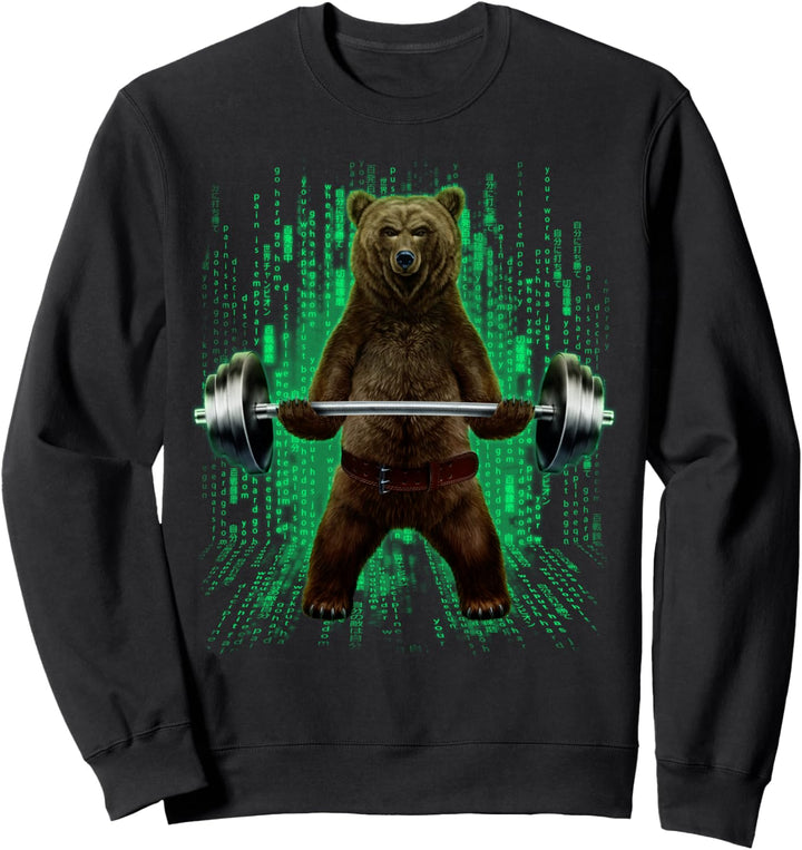 Grizzlybär, der Gewichte im Cyber-Fitnessstudio hebt Sweatshirt