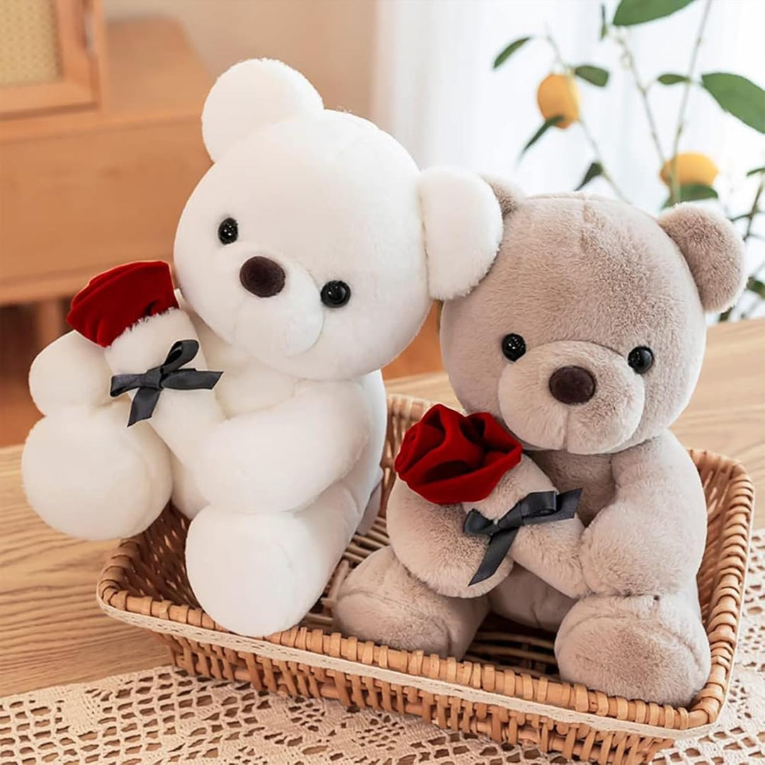 Bocguy Teddybär Plüsch, 23cm Teddybär mit Rose, Stofftier Spielzeug Dekozimmer Kissen für Weihnachte