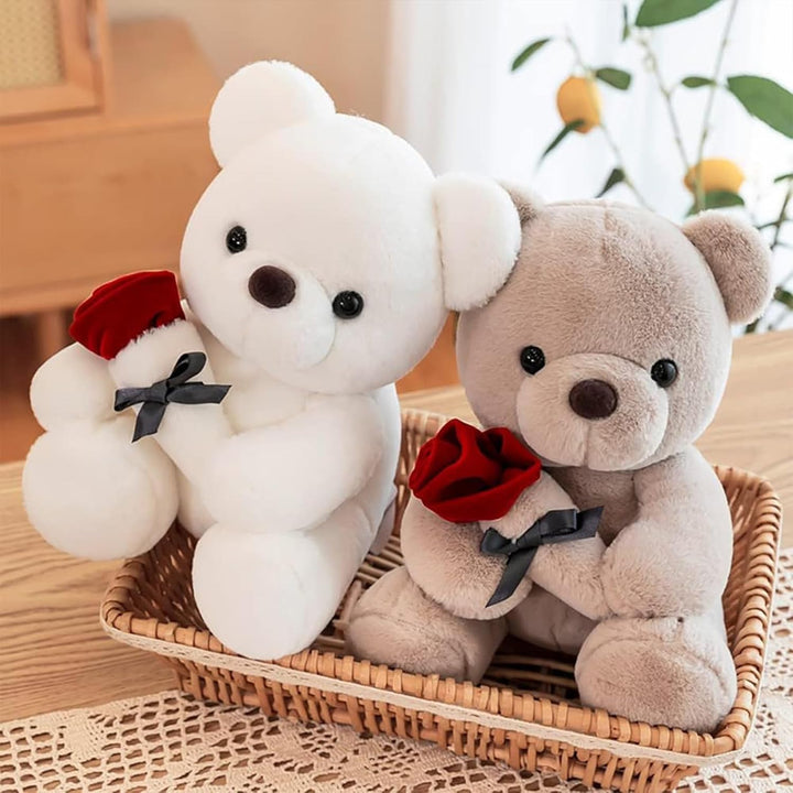 Bocguy Teddybär Plüsch, 23cm Teddybär mit Rose, Stofftier Spielzeug Dekozimmer Kissen für Weihnachte