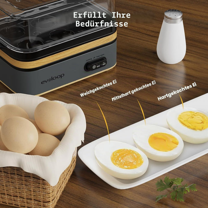 Evoloop Elektrischer Schnellkochtopf, Kapazität für 6 Eier, weich, mittel, gekocht, Wilderer, Eierko