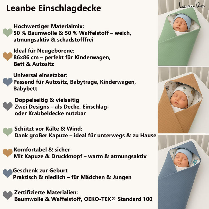 Baby Einschlagdecke Doppelseitig 86x86 cm Baumwolle-Wafellstoff für Kinderwagen und Babybett (Mint W