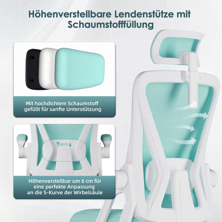 Bürostuhl ergonomisch, Schreibtischsessel mit verstellbare Kopfstütze und Armlehnen, gepolsterte Lor