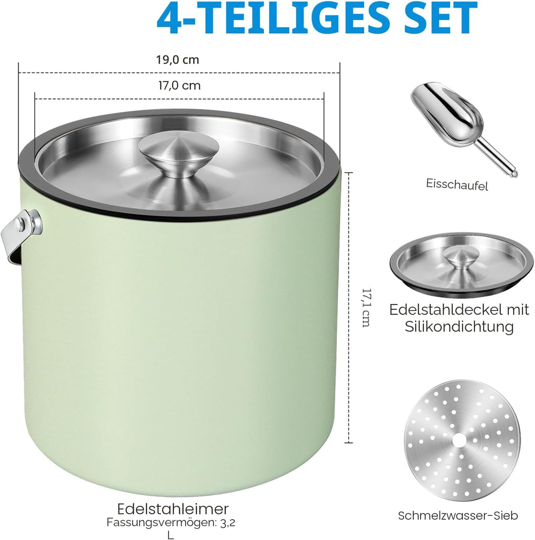 3.2L Eiswürfelbehälter mit Deckel und Schaufel, Edelstahl Eiskübel Doppelwandiger Isolierter Eisbehä