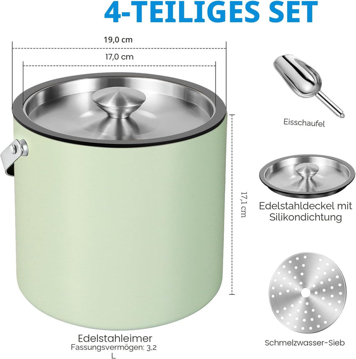 3.2L Eiswürfelbehälter mit Deckel und Schaufel, Edelstahl Eiskübel Doppelwandiger Isolierter Eisbehä