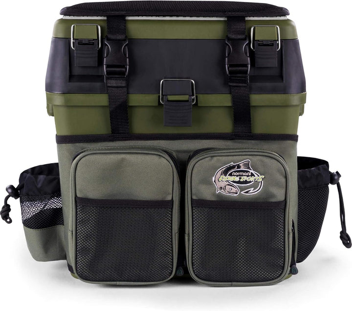 Angelkoffer Angelbox Angeltasche gepolsterte Sitzkiepe Sitzfunktion Gerätekasten mit Rucksackfunktio