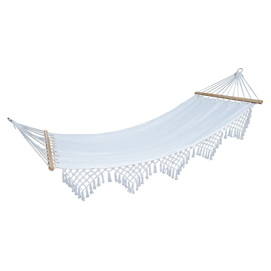 SVITA Luxushängematte mit Schmucksaum Boho Holzrahmen Macramé Baumwolle Beige