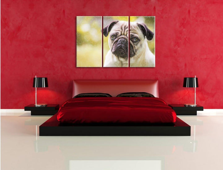Pixxprint Mopsporträt Kunst Buntstift Effekt als Leinwandbild/Grösse: 3 Teilig (120x80) / Wandbild/K