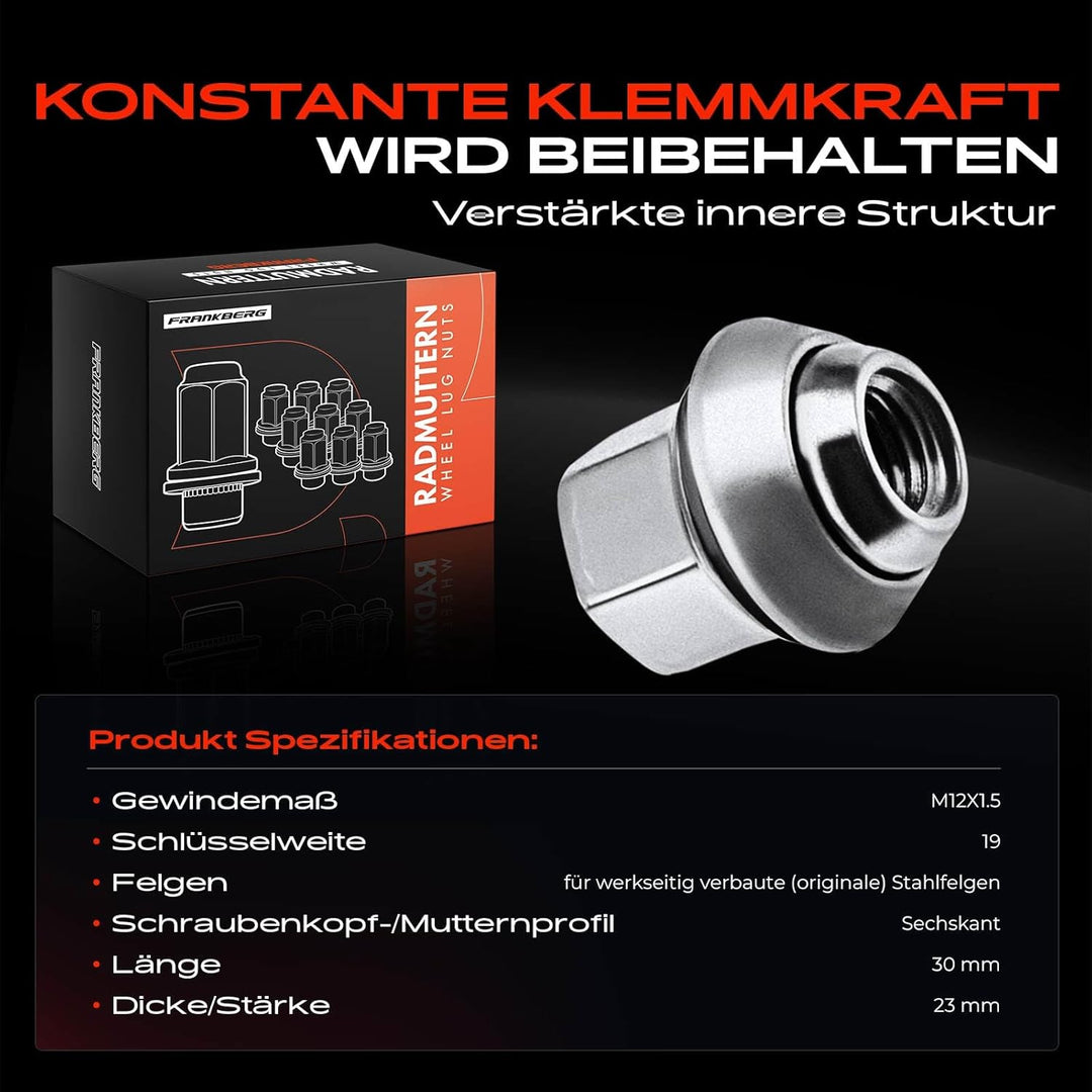 Frankberg 20x Radmutter Vorne Hinten Kompatibel mit C-Max Capri III Cougar Escort Fiesta Focus Fusio