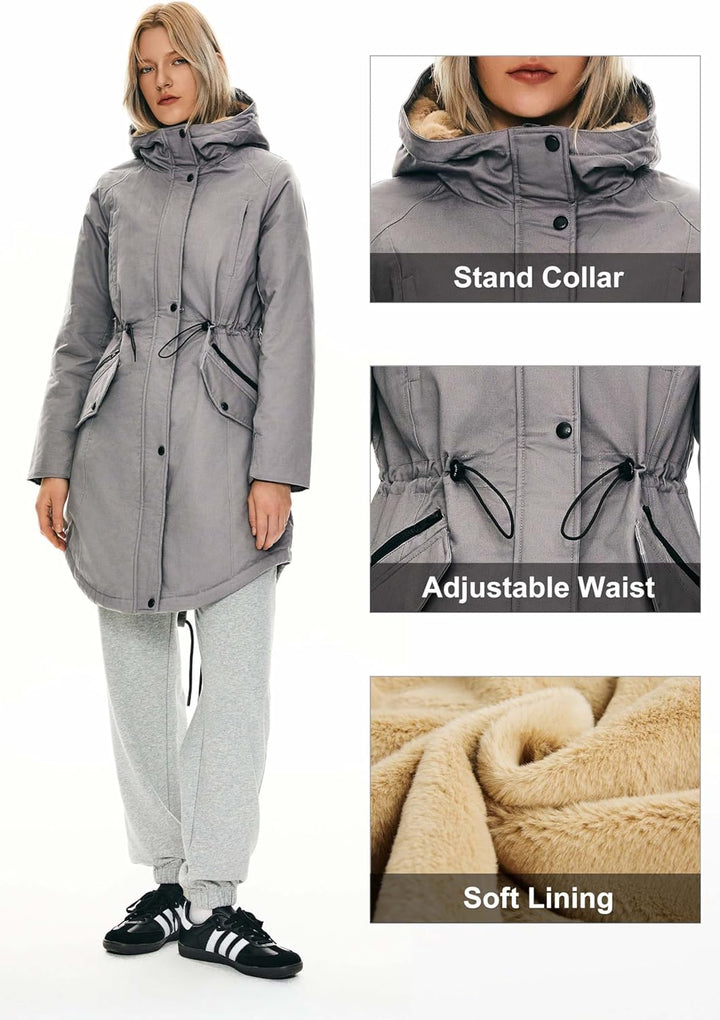 Orolay Damen Kapuzen Fleece Gefüttert Parka-Mantel Mittlere Länge Winter Draussen Gepolstert Jacke S