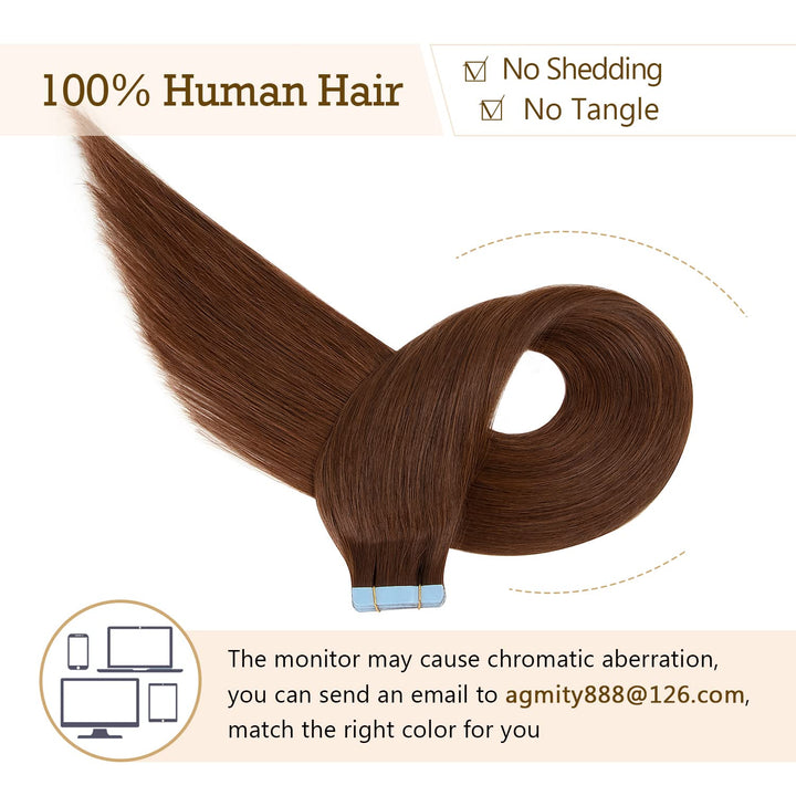 AGMITY Tape Extensions Echthaar, 40cm Schokoladenbraun Gerade Nahtlos 20 Stück/Packung Remy Invisibl