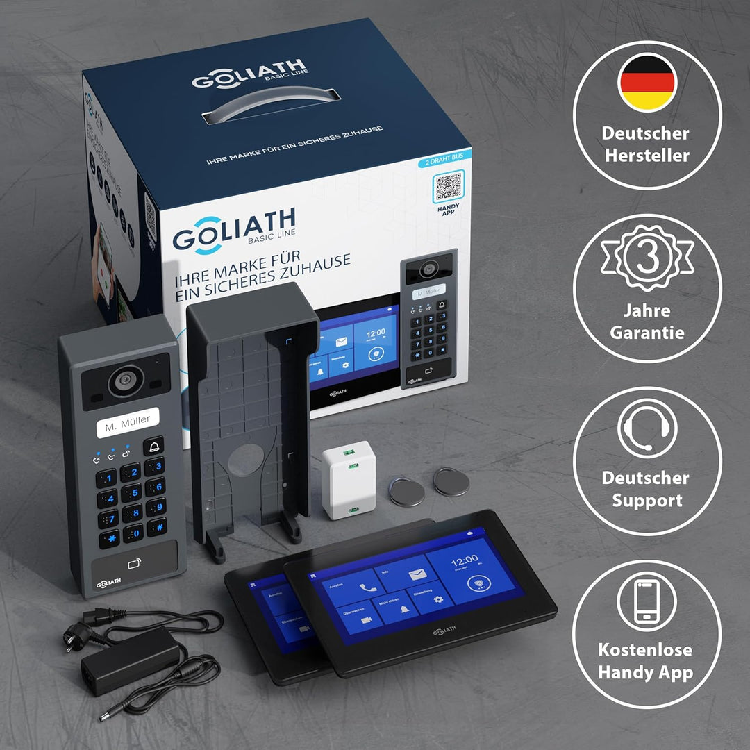 GOLIATH Basic 2-Draht Bus Video-Türsprechanlage, Full-HD, App-Steuerung, 2X 7 Zoll Monitore in Schwa