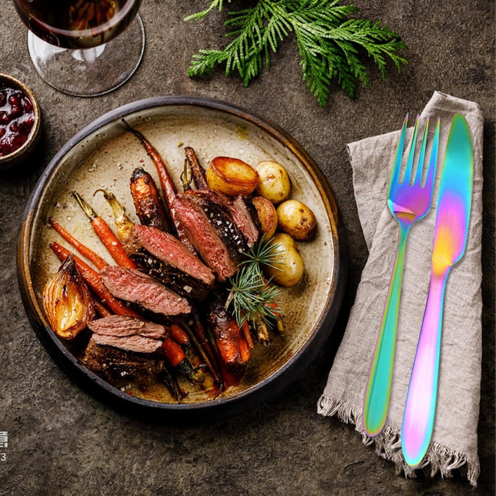 RETON 24 Stücke Bunt Besteck für 6 Personen, Edelstahl Gabel Messer Löffel Set, Camping Cutlery für
