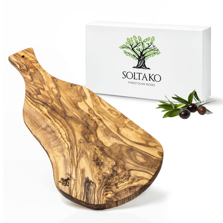 SOLTAKO Schneidebrett Olivenholz mit Griff "The Rustic BBQ", Olivenholzbrett rustikal (43-45 cm) 45