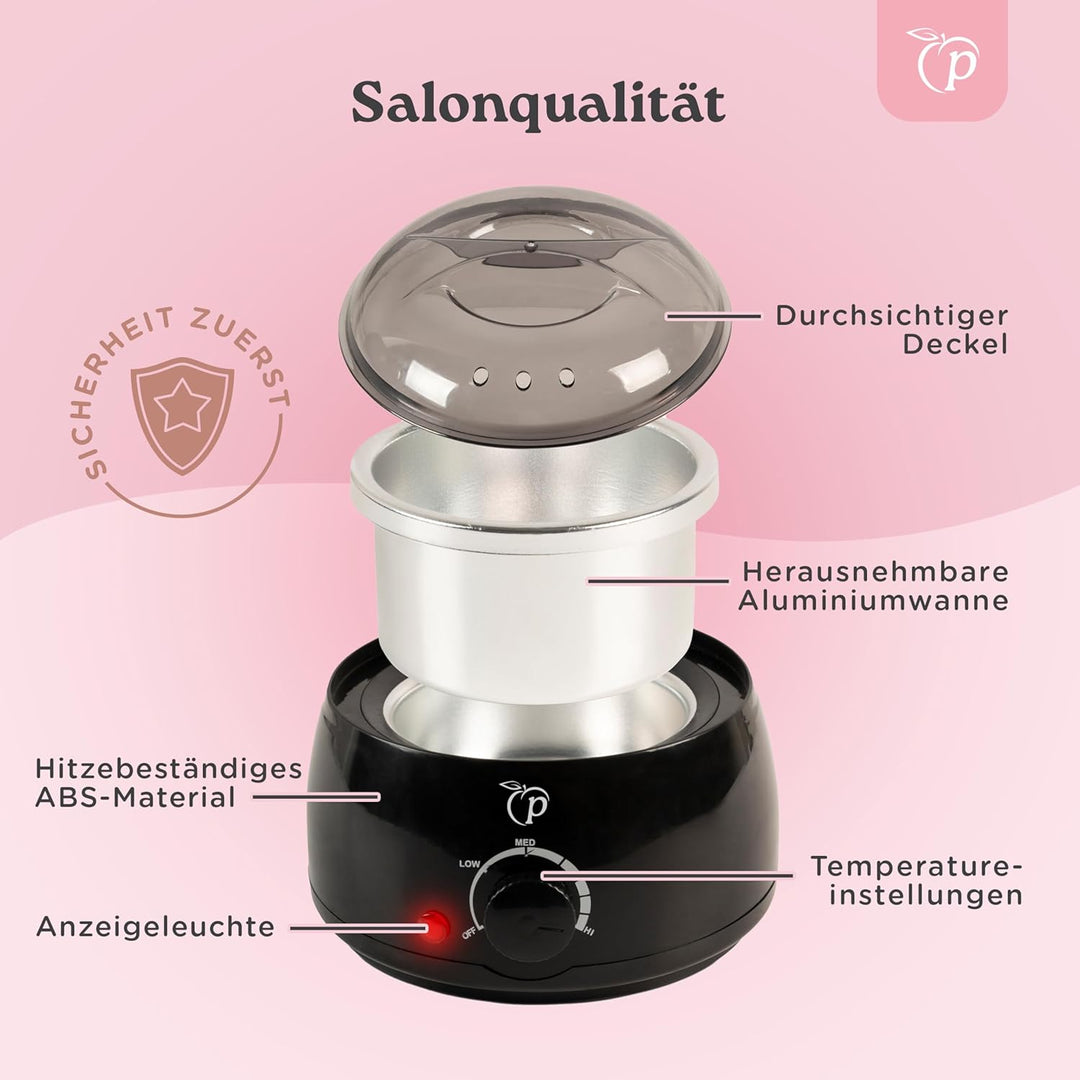 Wachswärmer | Waxing Set mit 100g Wachsperlen für Haarentfernung + 10 Spatel aus Holz + Aluminium-Wa